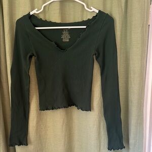 Free People Deep Green Ribbed V-Neck Blouse